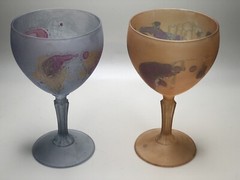 Rueven Hand Painted Satin Glass Set of 2 Marked Italy on Bottom.