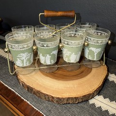 AS-IS 8 VTG Greek Mythology Wedgwood-? Glasses w Carrier Barware MCM SEE PICS