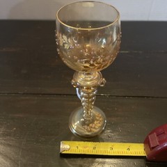 Hand Enameled White & Gold Floral Orange Luster Hock Wine Glass 7.5 Inches Tall