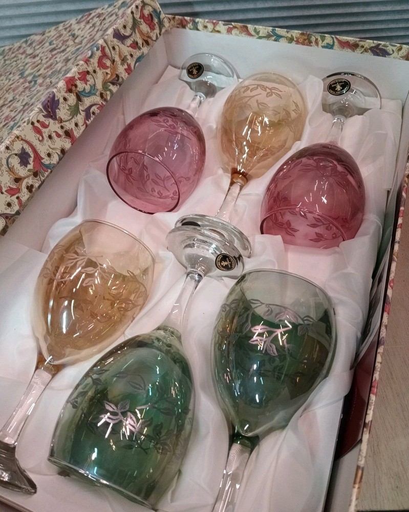 Italian Set of 6 Cristalleria Fratelli Fumo Etched Wine Glasses Made In Italy
