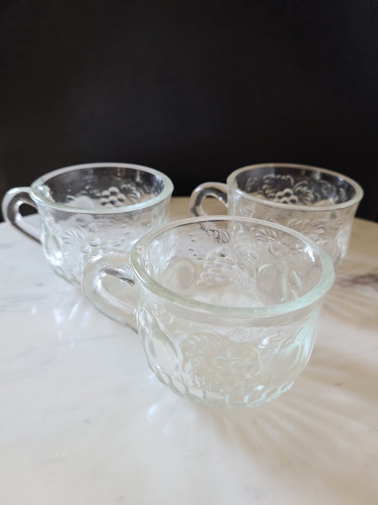 3 Mid-Century Jeanette Glass Punch Cups Embossed Apple Grape Pear 1960’s