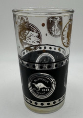 Set Of 3 Gold Coin and Black Glass Tumblers MCM Continental Can Company 4.5” H