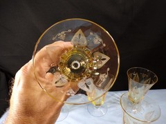 Set of 5 Fostoria Topaz Yellow Glass Trojan Ice Iced Tea Goblets Footed Tumblers