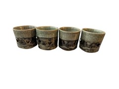 Vintage Set 4 Japanese Celadon Yunomi Tea Cups Crackle Glaze Heart Cutout Signed
