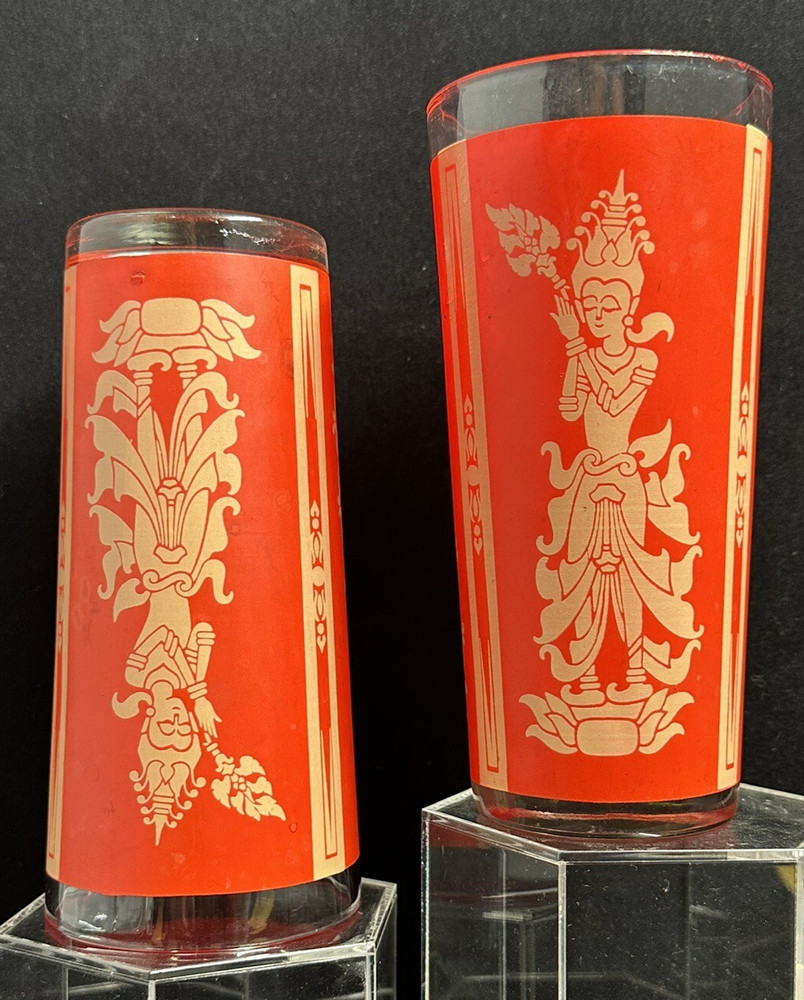 Mid-Century Modern Red Gold Thai Goddess Highball Glasses Pair (2) Vintage 1960