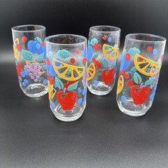 MCM Libbey FANCIFUL FRUIT Plum Cherry 6″ Tumblers / Glasses *SET of 4 VINTAGE!