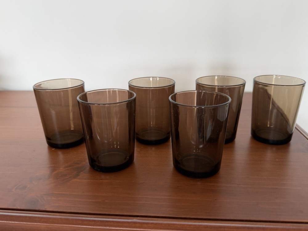 Set Of 6 VTG 1960s-1970s Vereco Tempered Brown Smoke Glasses 3″H 2.5″D France