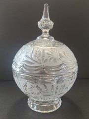 Vintage Footed Crystal Globe Compote w/ Frosted Band 10″ x 6.5″ Candy Dish