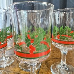 Libbey Glass Company Vtg Christmas Holly & Berries Water Wine Goblets Set Of 6