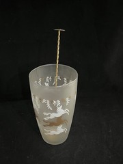 Libbey Cavalcade 3 Glasses W/cocktail Mixer Frosted Gold & White Jumping Horse