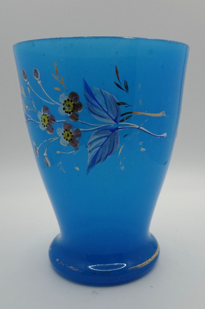 Antique French Blue Opaline Enameled Glass Tumbler