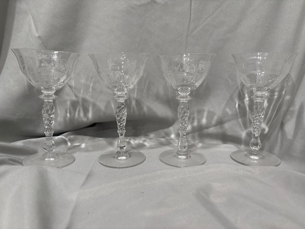 Set of 4 Tiffin-Franciscan Persian Pheasant Etched Cordial Glasses, Optic stem