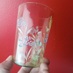 Antique 1920’s Hand Painted Blown Uranium Vaseline Paneled Glass Tumbler Bubbles