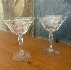 Etched Fuchsia Floral Stemmed Cocktail Glasses Coupes Vintage Barware Pair of 2