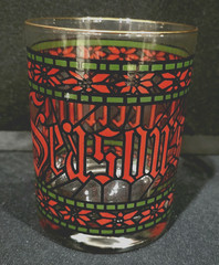 SEASONS GREETINGS HOUZE DOUBLE OLD FASHIONED STAINED GLASS GOLD RIM 4 1/4″ SET 4