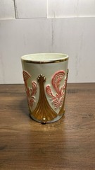 Summit Art Glass Fan & Feather Custard Tumbler w 22 Kt Gold Accents Uranium Glow