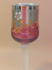 Antique Bohemian Cranberry Enamel Cordial Glasses Gilt Floral Pair Liqueur