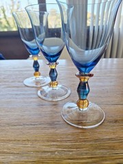 3 Mikasa Estate Slate Blue/ Amber Wine/Water Glasses Handblown Art Deco 7″H EUC