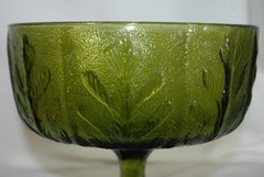 Vintage 70s FTD Avocado Green Glass Goblet/compote With Embossed Leaf Design