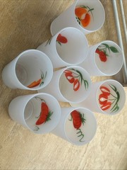 8 Vntg Federal Frosted Fruit Vegetable Juice Glass Set W/Wooden Carrier 1950’s