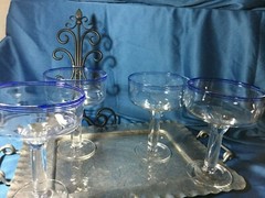 RARE 4pc blue Band william Sonoma Nantucket dessert margarita Glasses RARE NWT