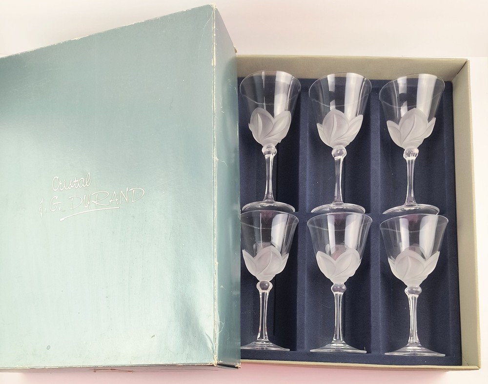 SET OF 6 CRISTAL D’ARQUES FLORENCE J.G. DURAND 7.25″ WINE GOBLETS – ORIG. BOX