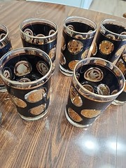 Cera Glass Co. 8 Barware Hi-ball glasses black Textured w/gold seal coins