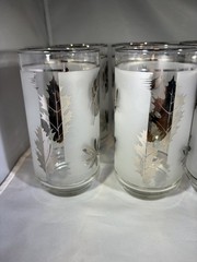 Set 8 Vintage MCM Libbey Frosted Silver Foliage Leaf Tumbler Glasses Taper 12 oz