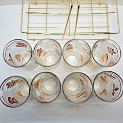 Libbey Vintage Frosted Golden Foliage Glass 12 Oz Tumbler Set of 8 with Caddy