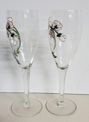 Vintage Pair Perrier Jouet Hand Painted Floral Champagne Glass Flutes Beautiful