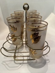 Vintage Libbey Gold Leaf High-ball Frosted Glasses 7 Piece Set – Metal Carrier