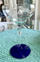 Weston Louie Glass Optic Etched Champagne goblet w/cobalt blue foot 6 Oz