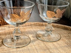 Set of 2 Vtg MCM Libbey «Gold Leaves» 4 1/4″ Champagne Tall Sherbet Glasses