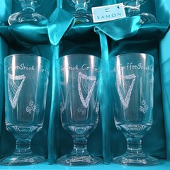 Eamon Glass 6 Mug Set IRELAND Irish Coffee Liqueur Etched Harps Shamrocks New