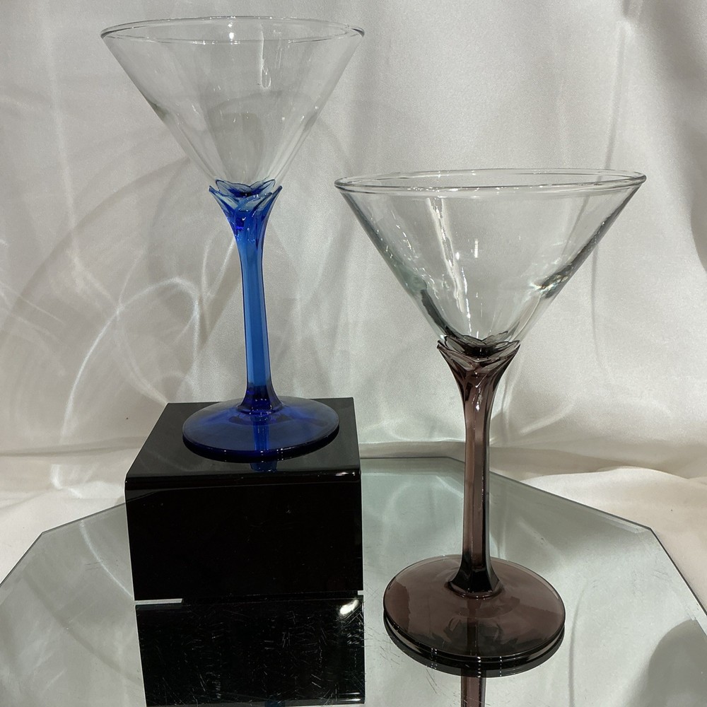 Libbey 7” Martini Glass Tulip Clear Bowl Cobalt & Amethyst Stem – Set of 2
