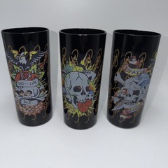 Set Of 3 Ed•Hardy Designs Black Glass Tumblers 5.75″ Tattoo Style Designs