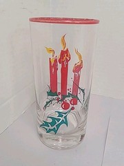 Vtg Christmas Federal Glass 6 Pc Tumblers Red Candles Holly Berry Red Green
