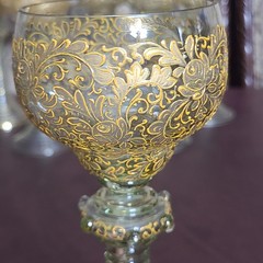 Antique Set of 6 Moser Bohemian Gold Gilt Wine Goblets Tiered Ribbed Stem 8.25″