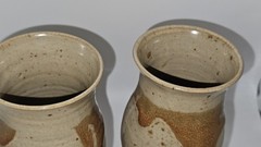 2 Studio Art POTTERY Handmade Stoneware Wine Glass GOBLET Tulip Shape Lt Tan