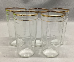 Vintage Gold Rimmed Clear Glass 8 Ounce Tumblers/Drinking Glasses set of 5