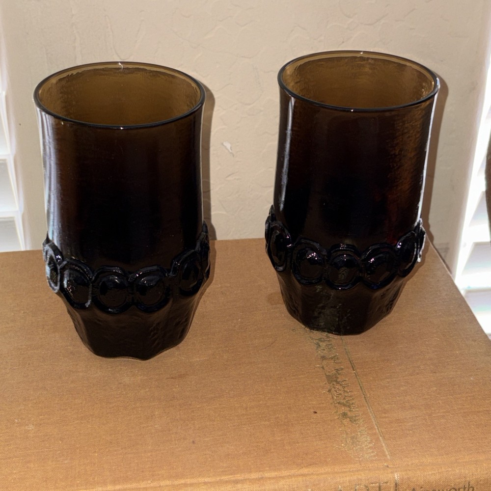 Vintage MCM Tiffin Glass Franciscan Madeira Smoke Brown Tumblers 2pc 5.75” Tall