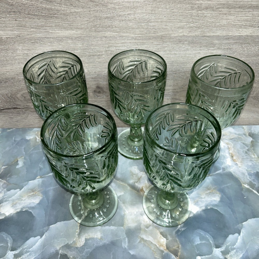 Bali Wine Goblets Set Of 5 Green Embossed Palm