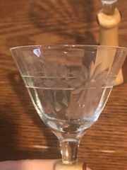 Vtg Set Of 2 Two Tone Wooden Stem Cordial Glasses Etched Flowers Handmade Base