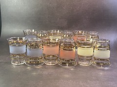 Vintage Frosted and Gold Stripe Juice Glass Set.