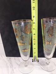 Vtg 2 Libbey Marine Life Pilsner Glasses Fish Seahorse Beach Tropical Gold Aqua