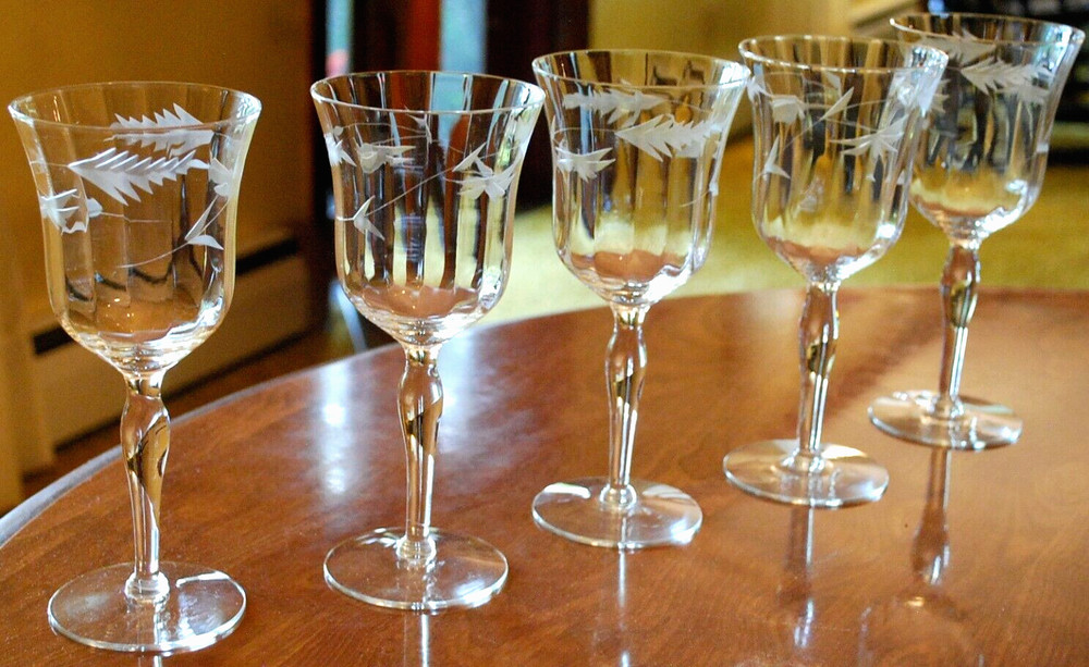 Vintage WESTON Set 5 WATER WINE GOBLET GLASSES Hand Etched OPTIC PANEL 7.5″