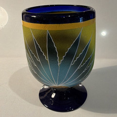 Footed Glass Goblet Blue Rim Decorated Cactus Pattern Blue Green Yellow