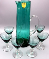 MCM Bayel France Emerald Green Crystal Martini Pitcher Set 6 Glasses Stirrer