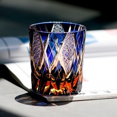 Dual-Tone Blue Amber Edo Kiriko Whiskey Tumbler 240ml Lead-Free Crystal Glass