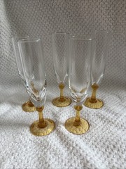 Vintage Clear Glass Amber Stem Cordial/Sherry Flutes Set Of 5